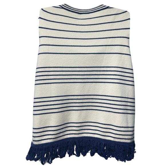J. Crew Fringe Sleeveless Sweater Top Size Large Cream Blue Stripes Wool Blend - Picture 2 of 4